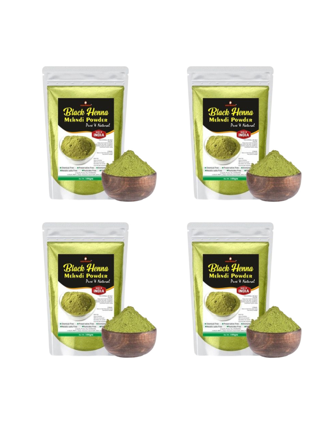 VOORKOMS Set Of 4 Organic Black Henna Mehndi Powder Natural Hair Coloring - 100 g Each