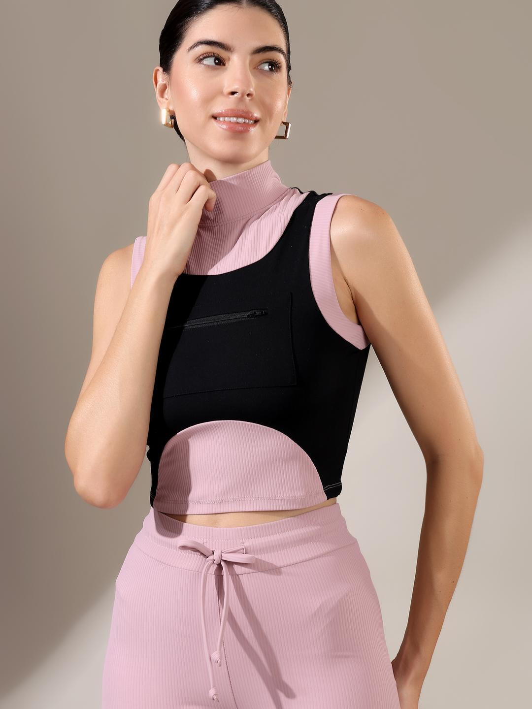 Fitkin Luxe  Women Pink & Black Ribbed Colorblock High-Neck Crop Top