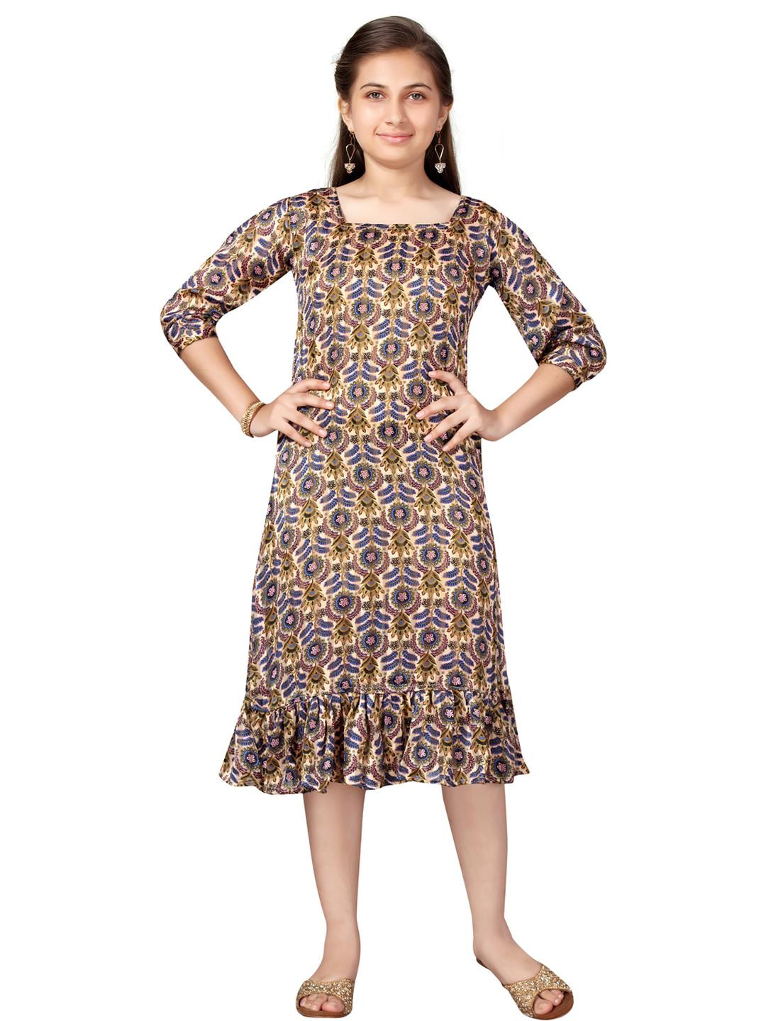 Muhuratam Kids-Girls Beige Dresses