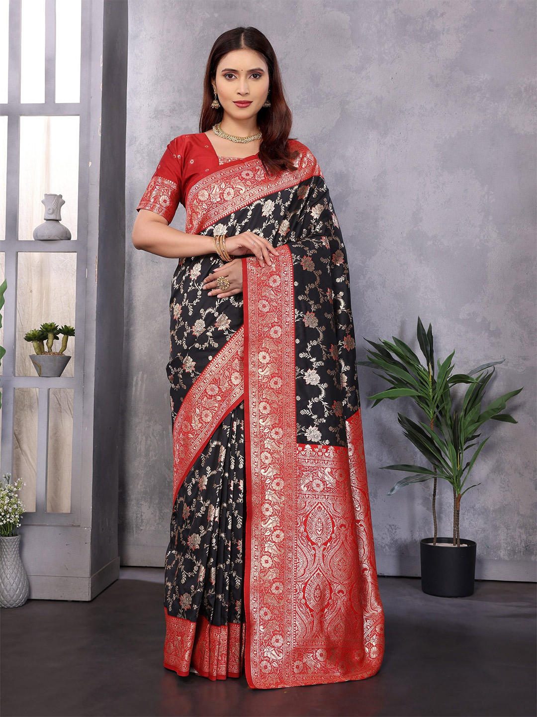 KALINI Woven Design Zari Banarasi Saree  With Contrast Blouse Piece