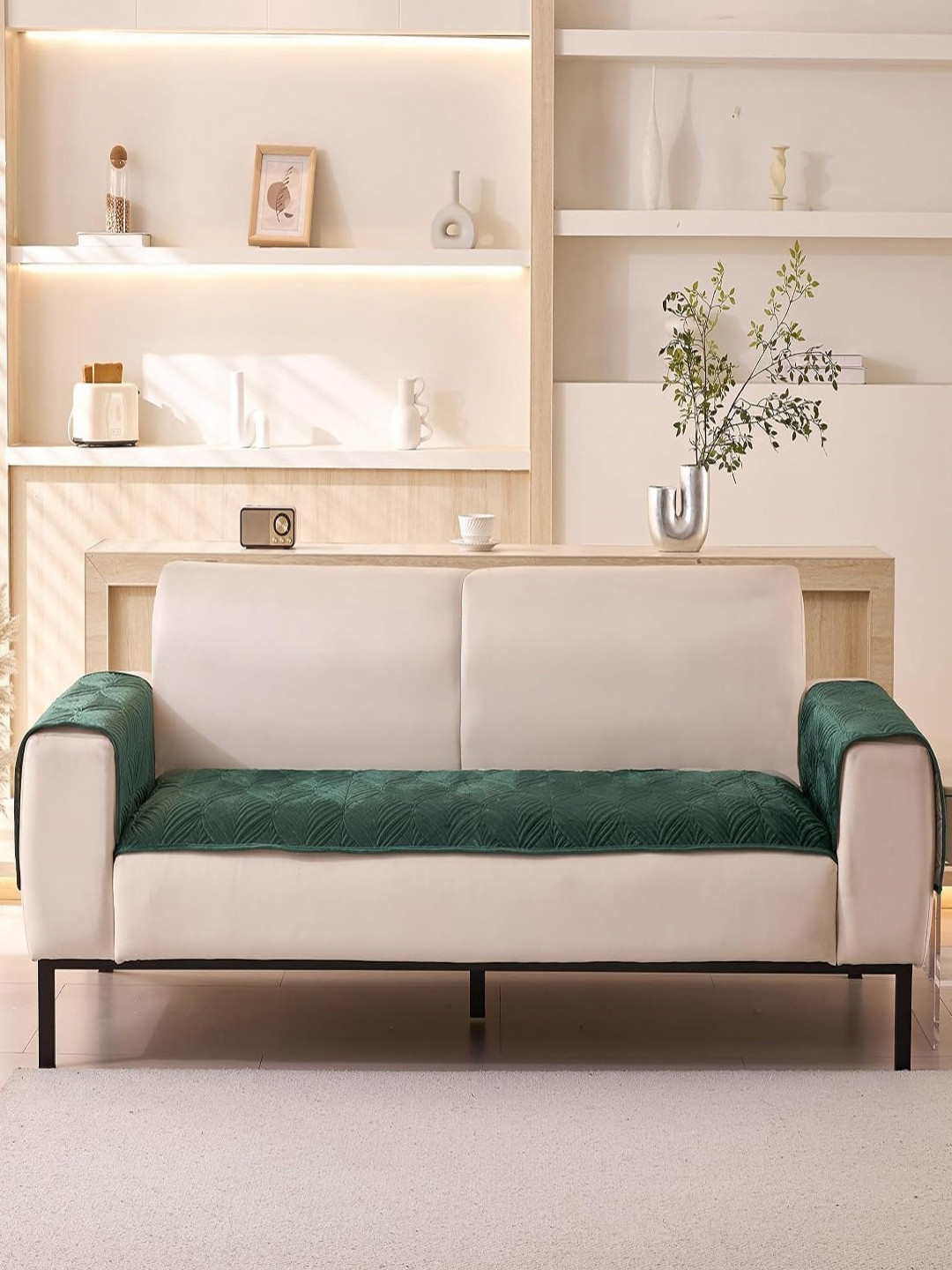 HOUSE OF QUIRK Green  Leaves Pattern Velvet 2 Seater 2Pcs Armrest & 1Pc Sofa Cover Set