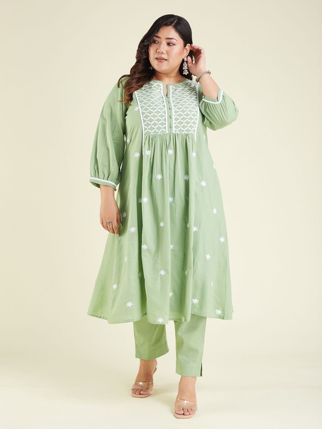 Janasya Women Plus Size Light Green Pure Cotton Embroidered A-line Kurta Set