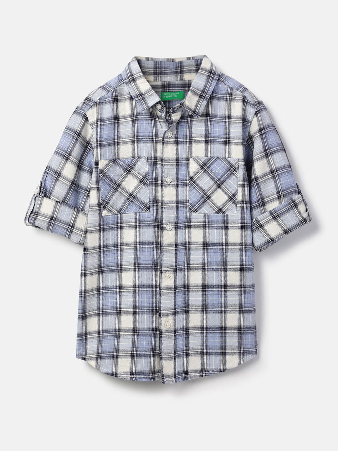 United Colors of Benetton Boys Tartan Checks Checked Spread Collar Roll-Up Sleeves Shirt