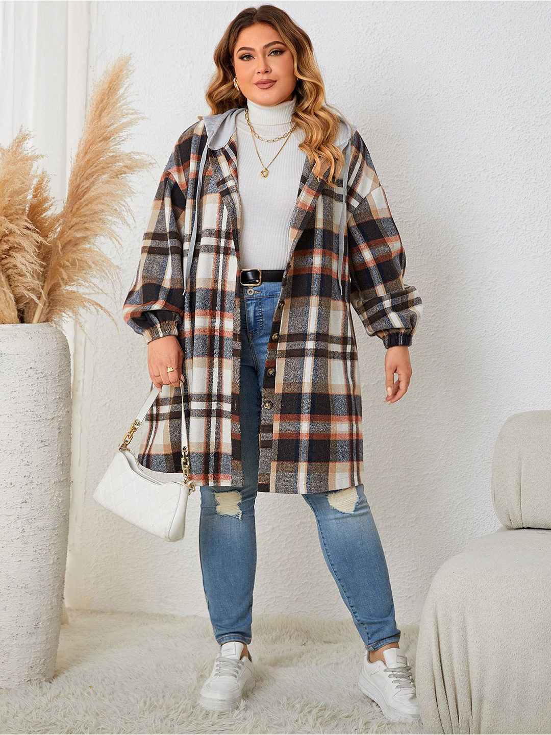 Sztori Women Tartan Checks Hooded Oversized Longline Plus Size Shacket