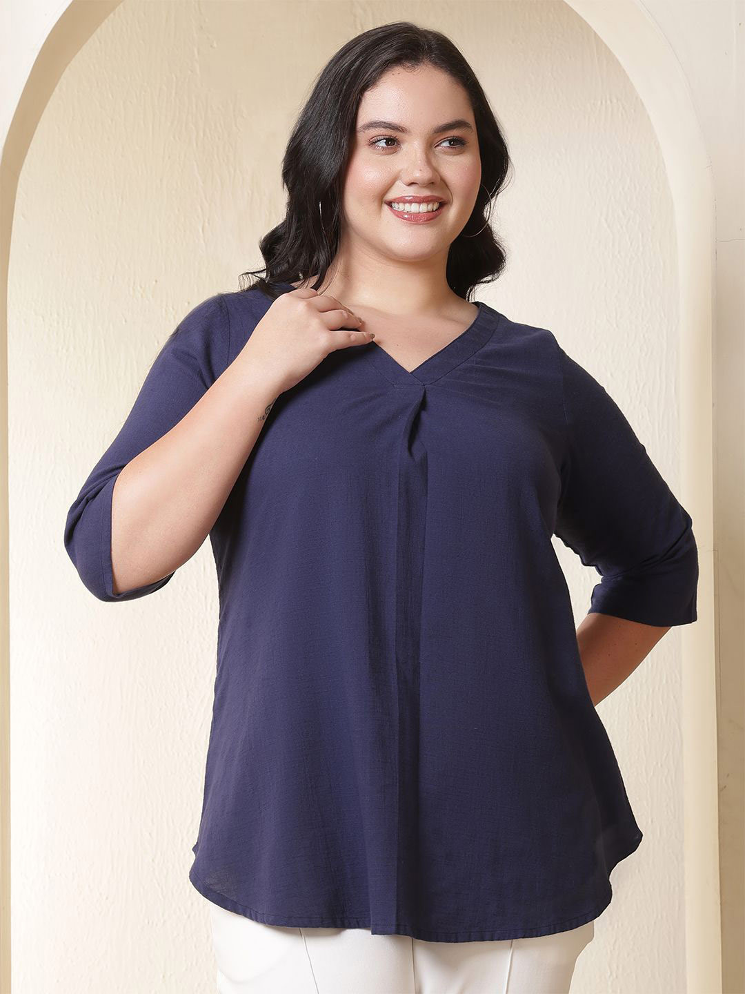 Amydus Plus Size Dark Blue V-Neck Cotton Top