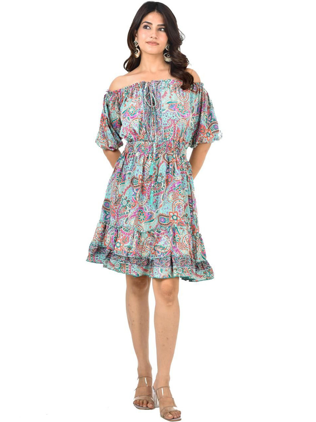 ADC SHEMONA Angelina Women Bohemian Printed Off-Shoulder Puff Sleeves Fit & Flare Dress