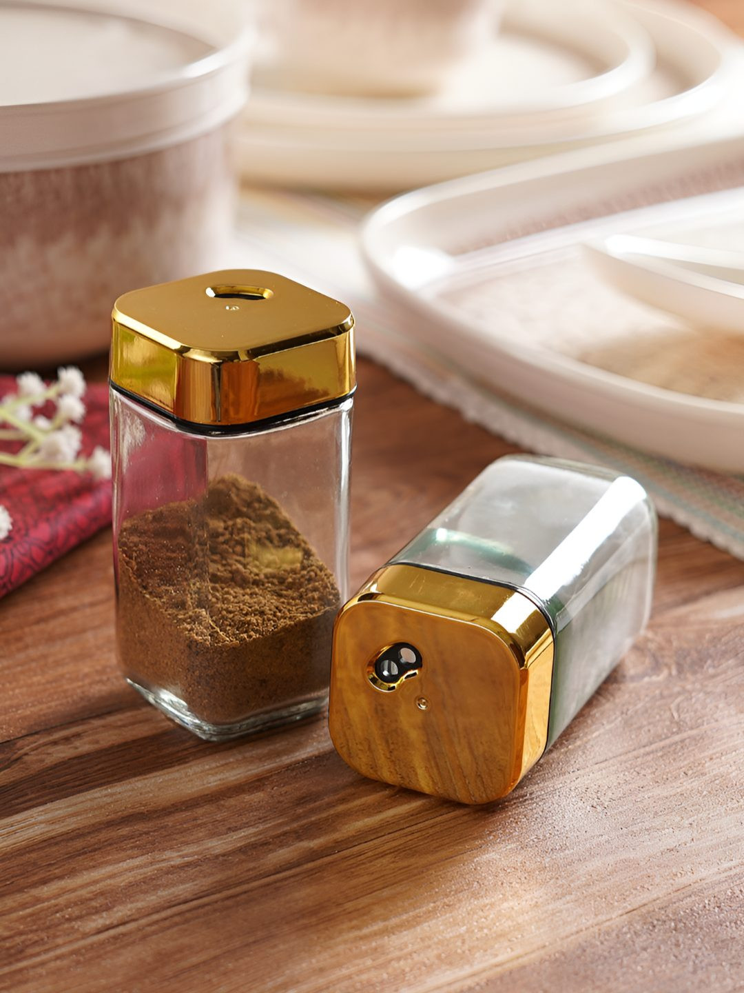 ceradeco Transparent & Gold Toned Glass Salt and Pepper Shakers