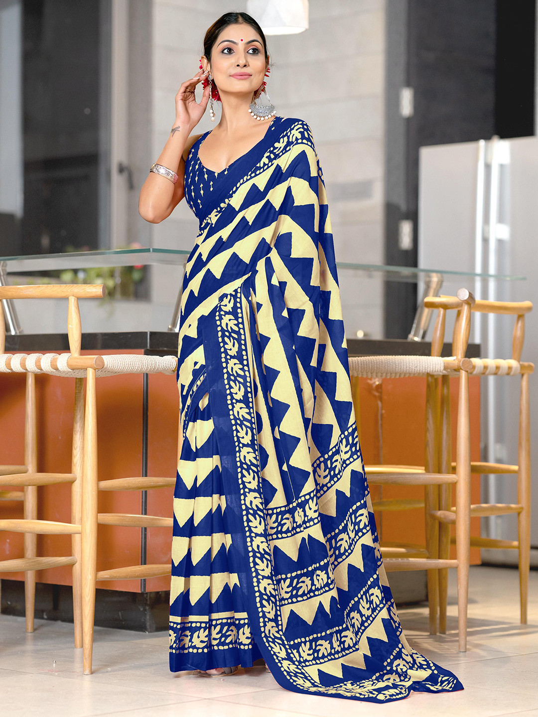 KALINI Block Printed Saree  With Matching Blouse Piece