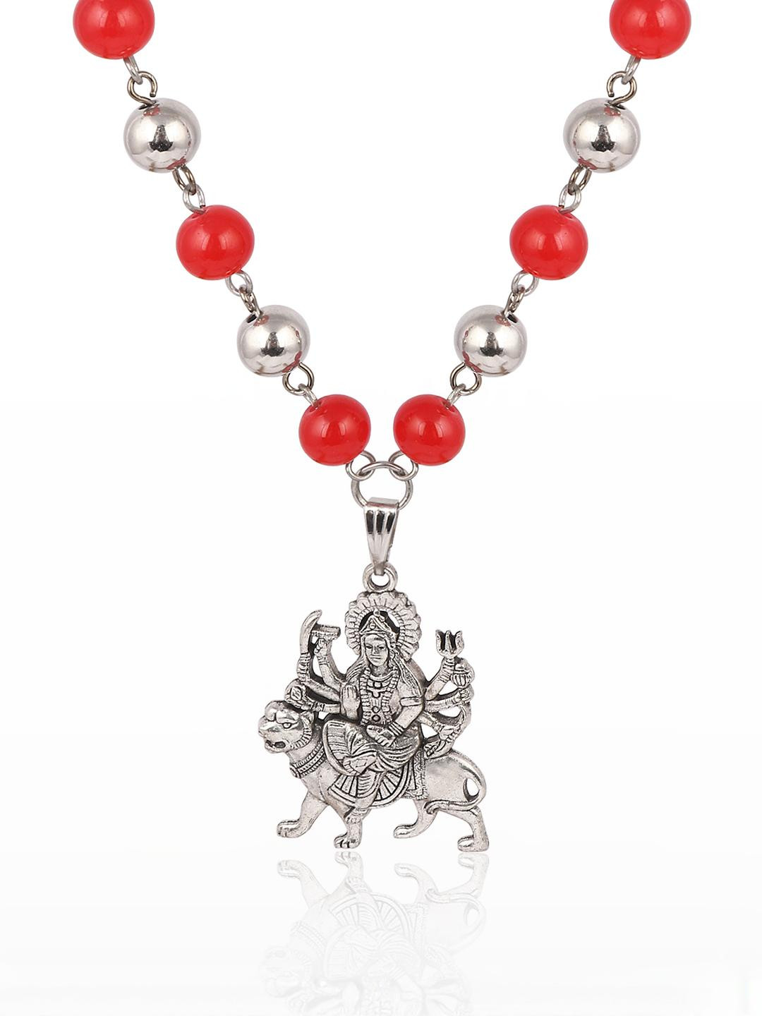 CZARDONIC Unisex Silver & Red Sherawali Mata Religious Necklace