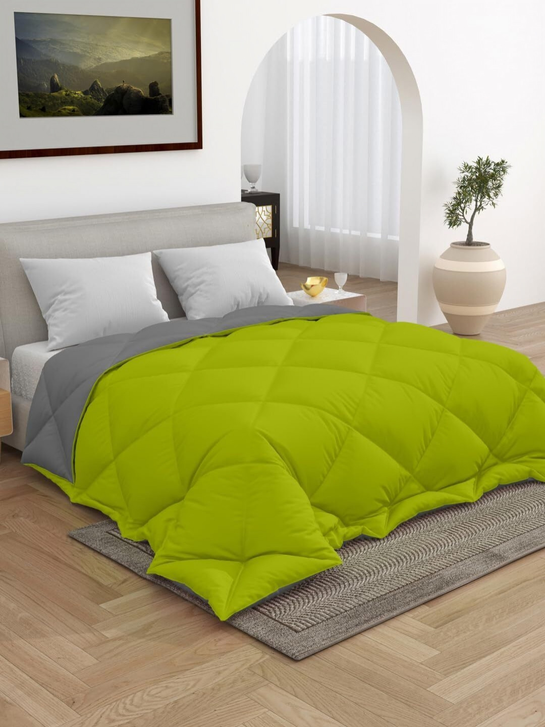 CHICERY Green & Grey Geometric Microfiber AC Room 200 GSM Lightweight Double Bed Comforter
