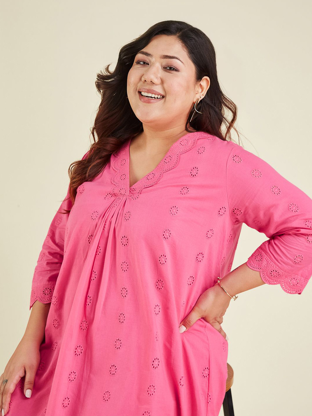 Janasya Women Plus Size Pink Pure Cotton Schiffli A-line Tunic