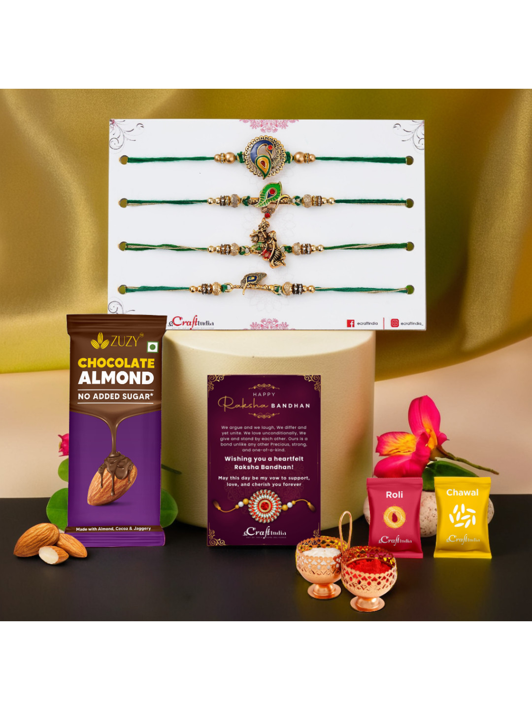 eCraftIndia 4-Pc Radha Krishna Peacock Flute Rakhis & Chocolate With Roli Chawal Gifts