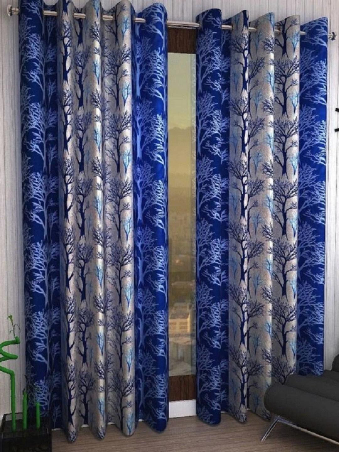 BELLA TRUE 270 cm (9 ft) Polyester Semi Transparent Long Door Curtain (Pack Of 2) (Floral, Blue)