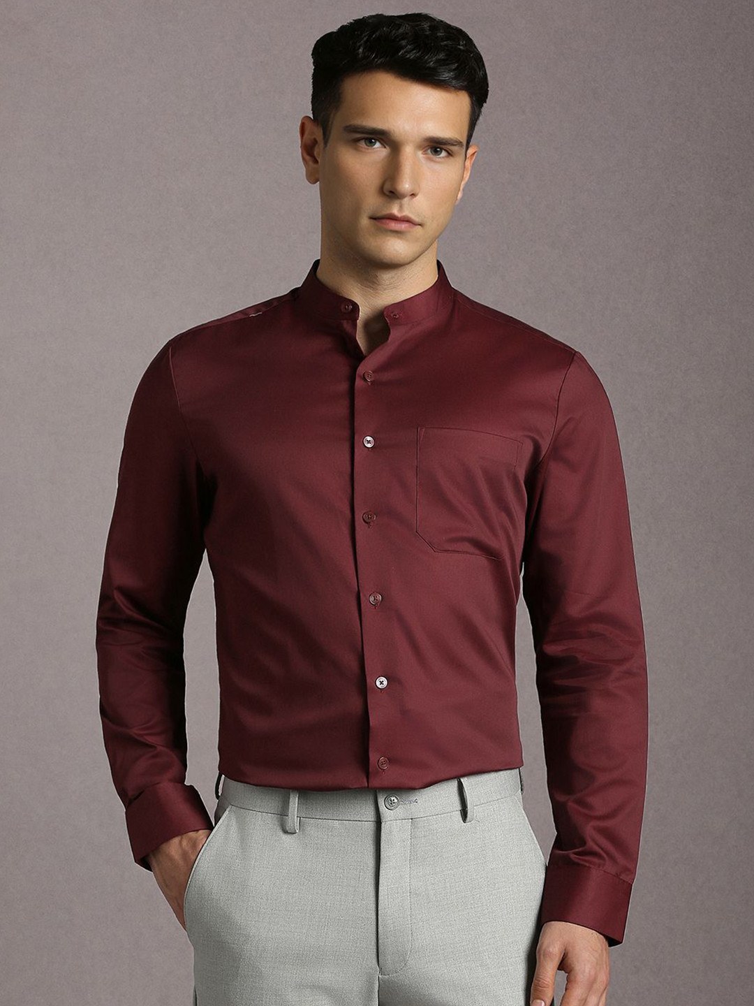 Louis Philippe Men Solid Band Collar Full Sleeves Cotton Formal Shirt