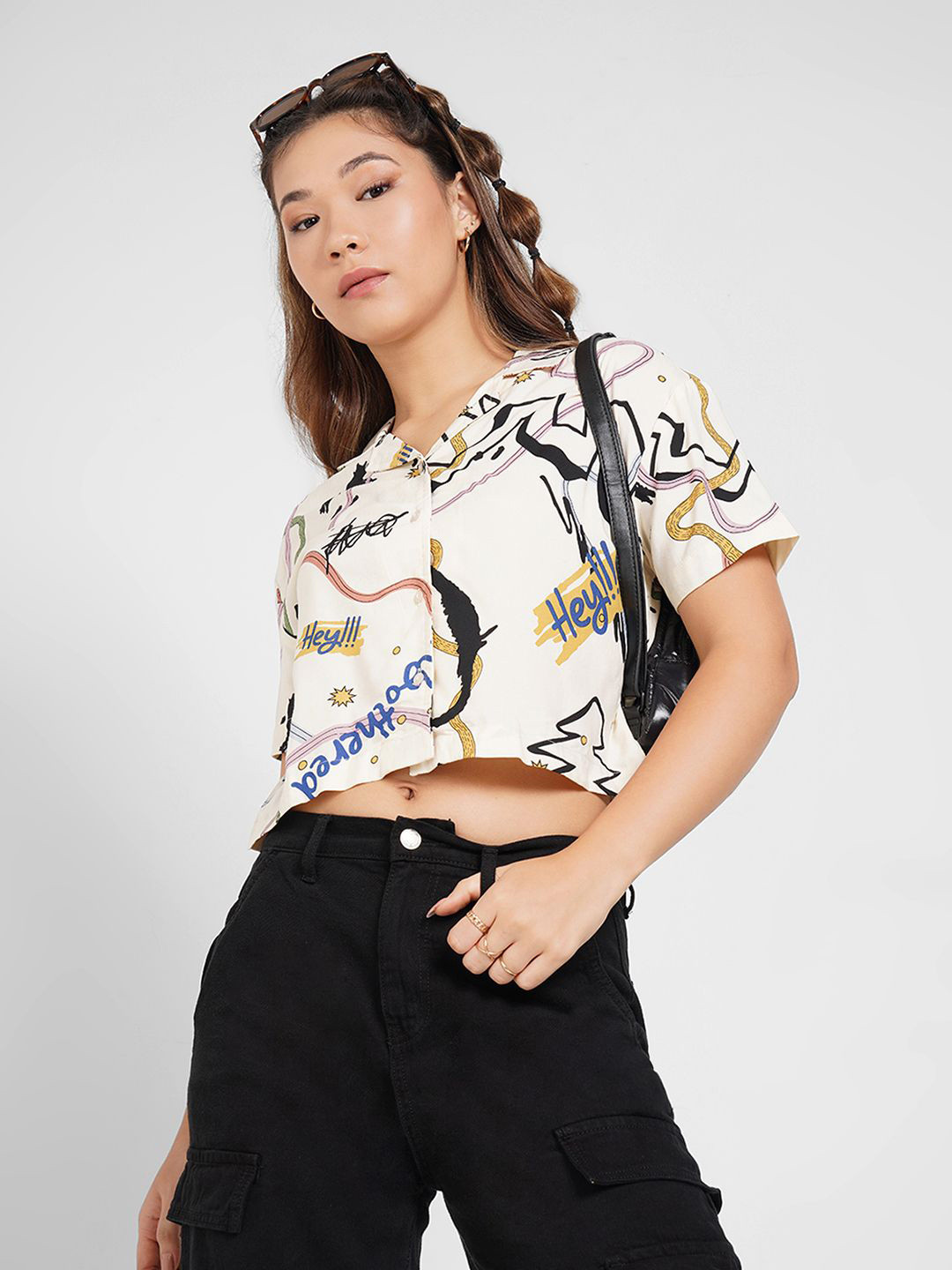 People Printed Lapel Collar Shirt Style Crop Top