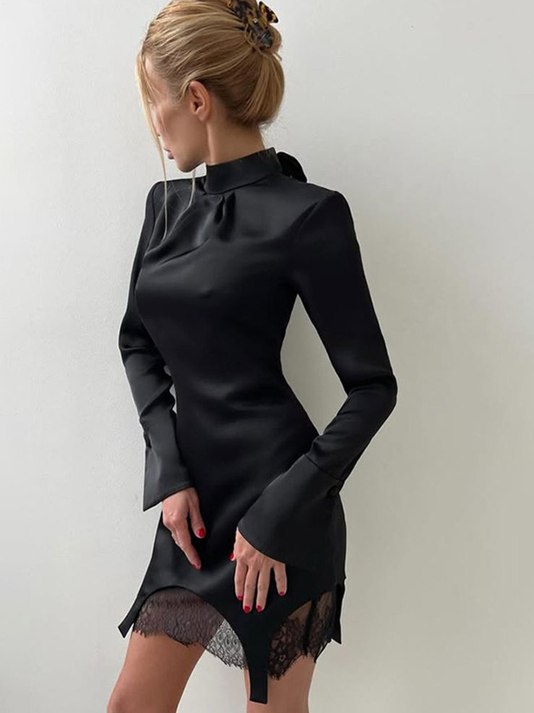 LULU & SKY High Neck Lace Trim Sheath Mini Dress