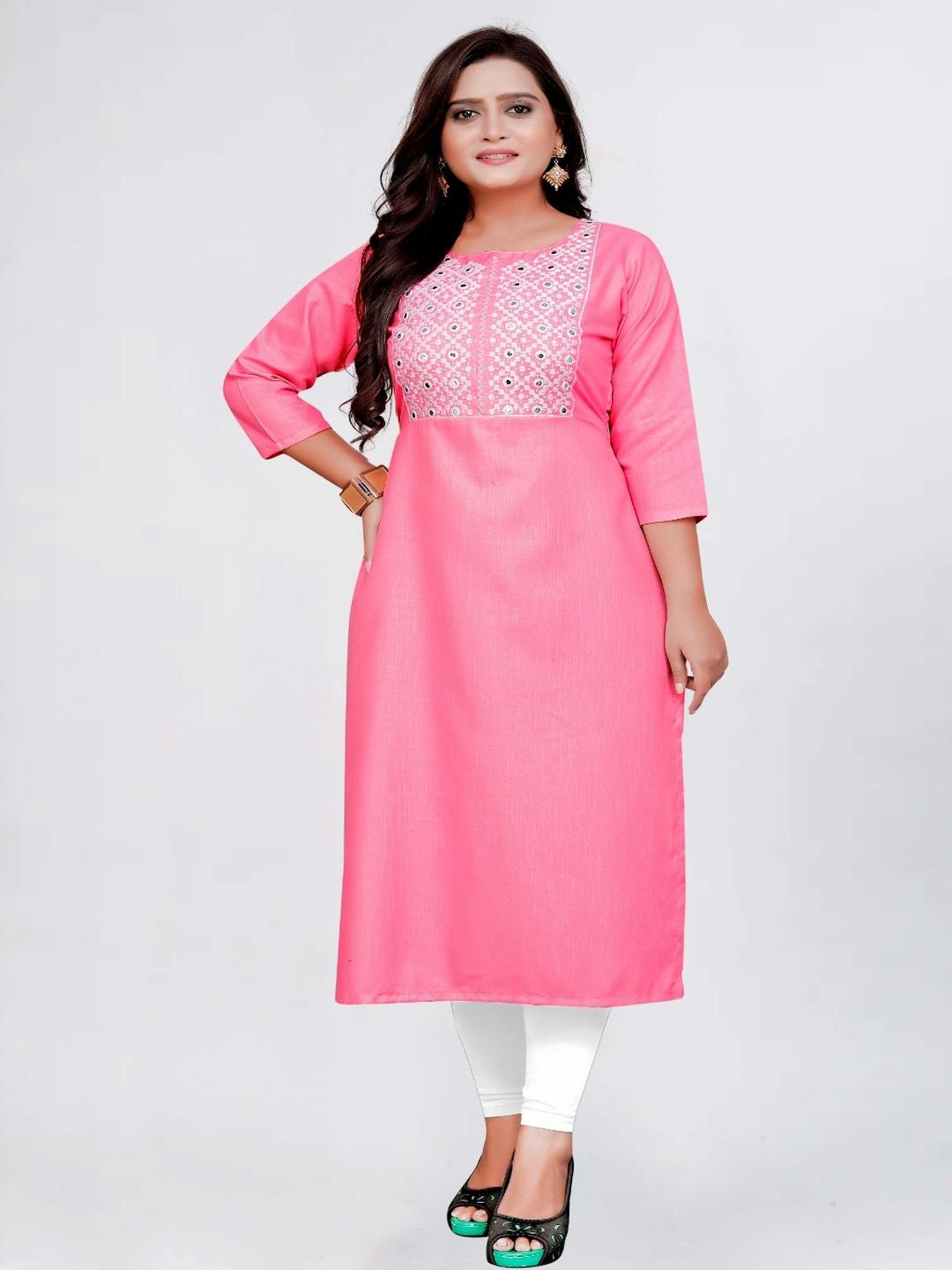 KURTI ZONE Women Pink Cotton Mirror Work Embellished Straight Kurta