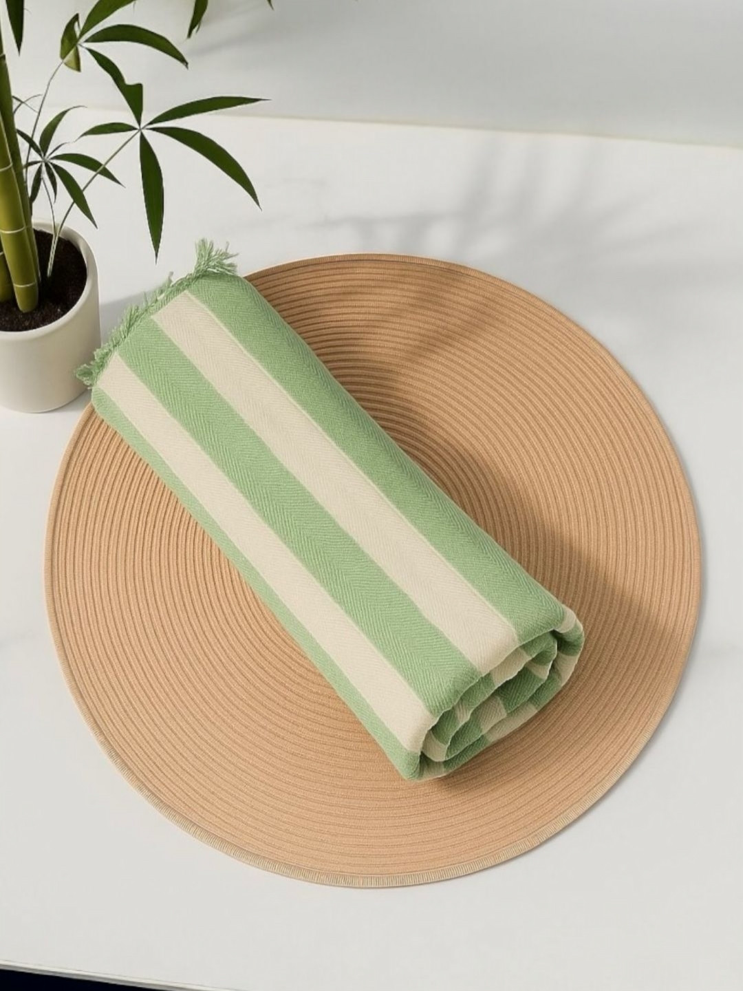 Triani Fluorescent Green & White Striped Bamboo 250 GSM Bath Towel