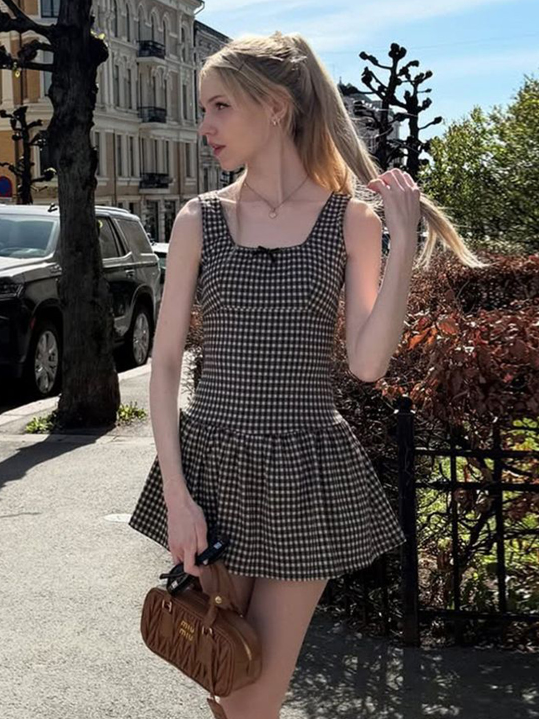 LULU & SKY Women Checked Square Neck Tiered Lace Inserts Drop-waist Dress