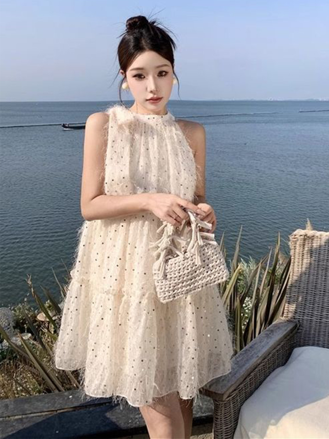 Beige Self Design Empire Dress with Flared Hem