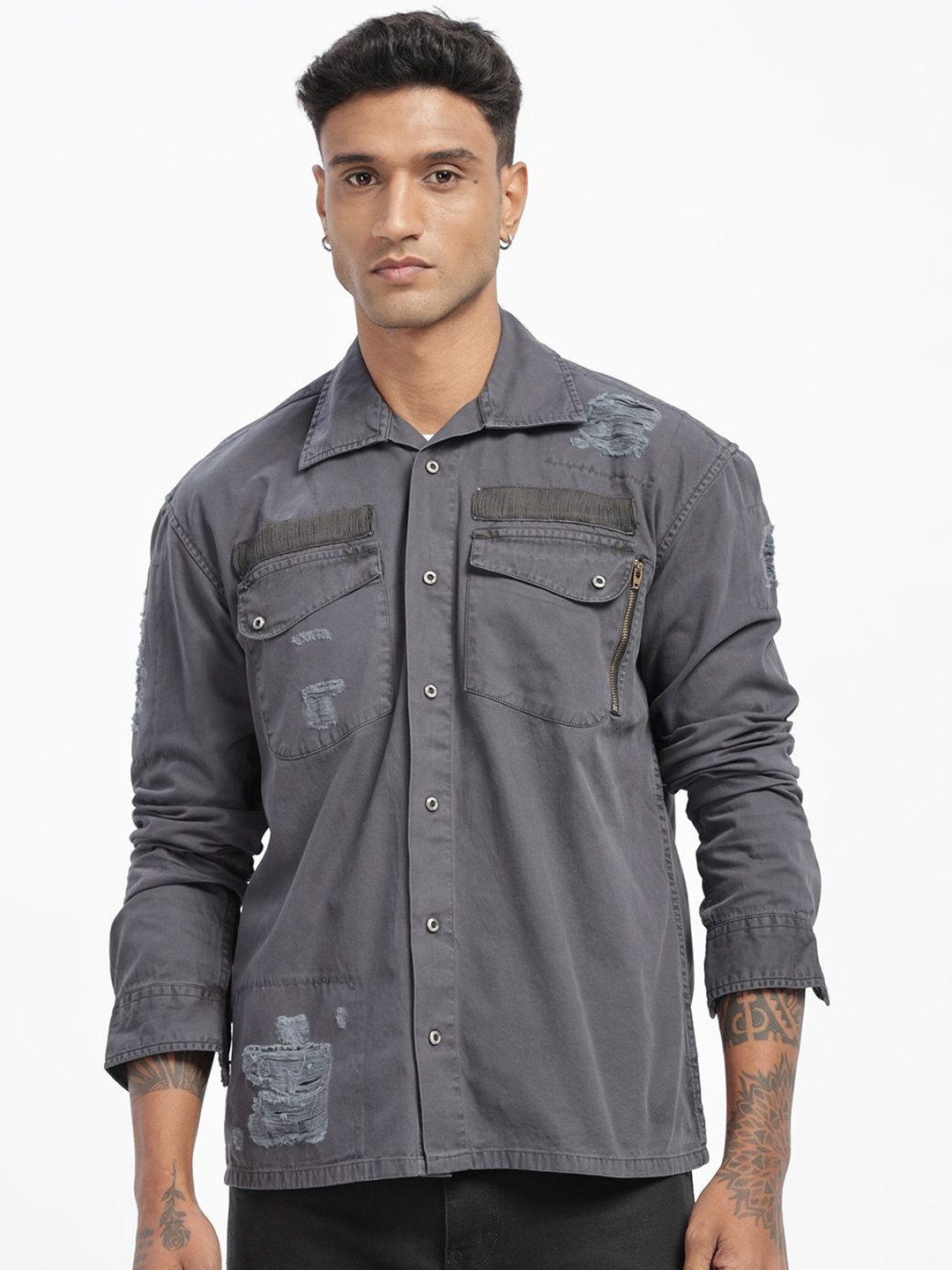 THREE DAYS Spread Collar Lightweight Denim Jacket