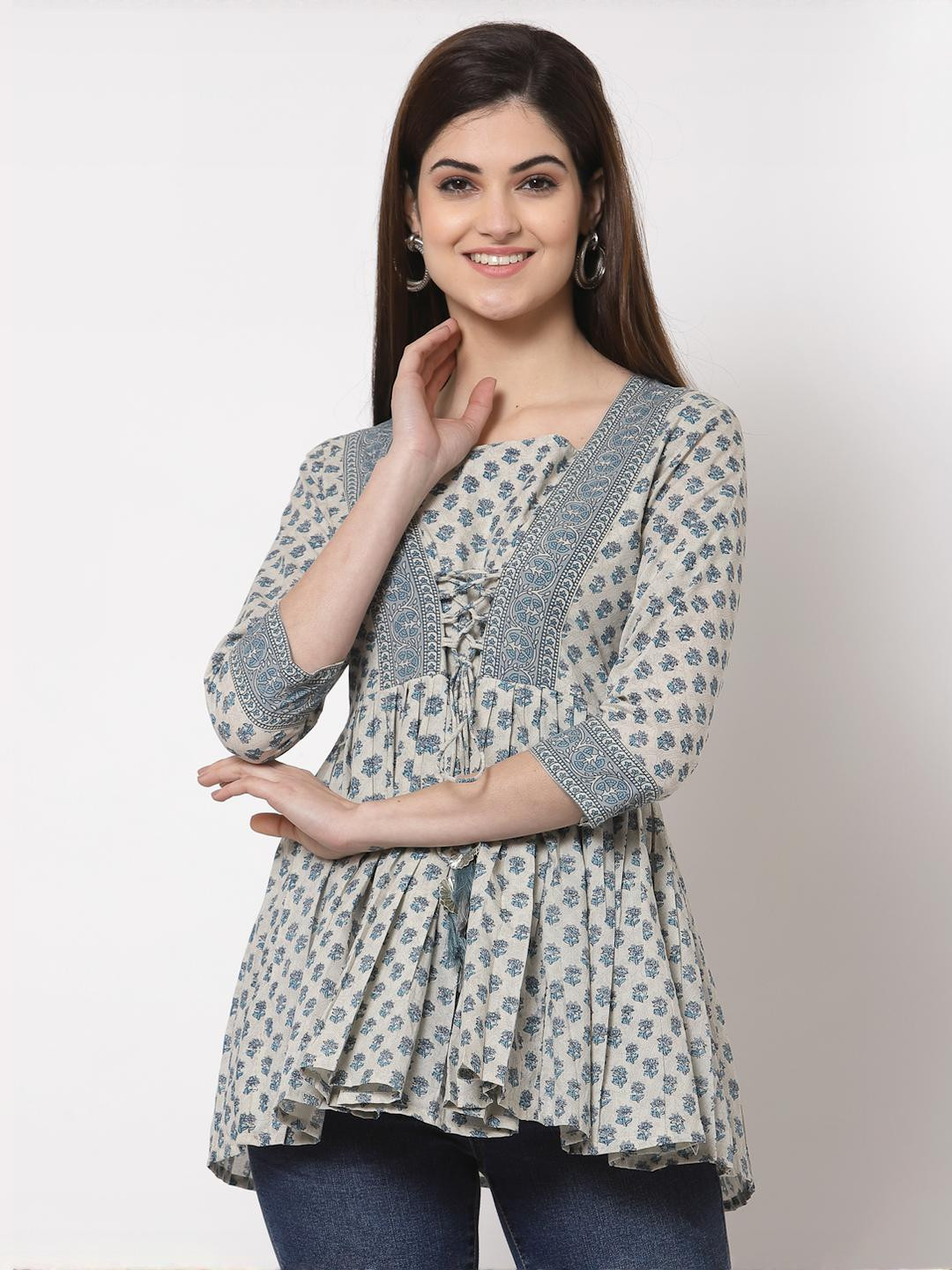 HISHAM Women Grey Ethnic Motifs Printed Cotton Anarkali Short Kurti