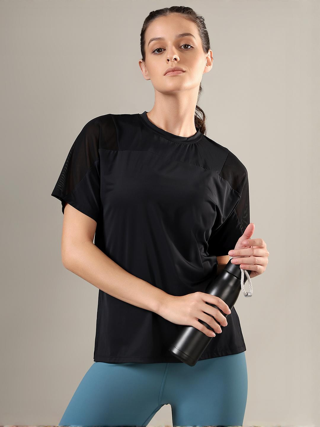 Fitkin Women Black Active Top with Sheer Shoulder Mesh Panels