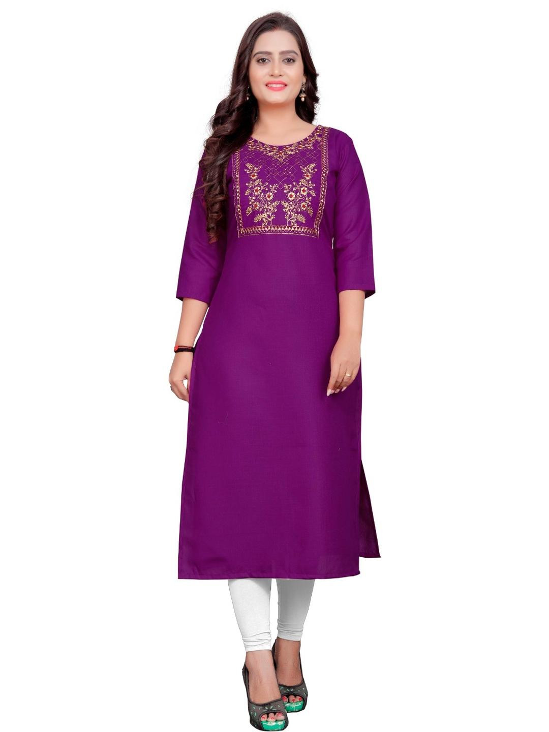 KURTI ZONE Purple Embroidered Cotton Kurti