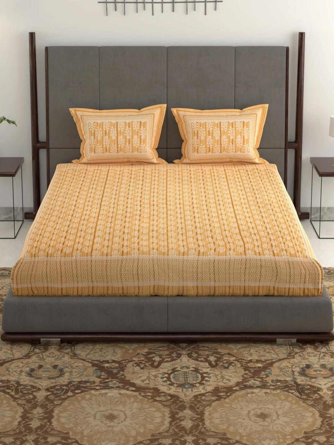 Anadhika Yellow Floral Printed 220 TC King Bedsheet with 2 Pillow Covers 2.4 m x2.7m