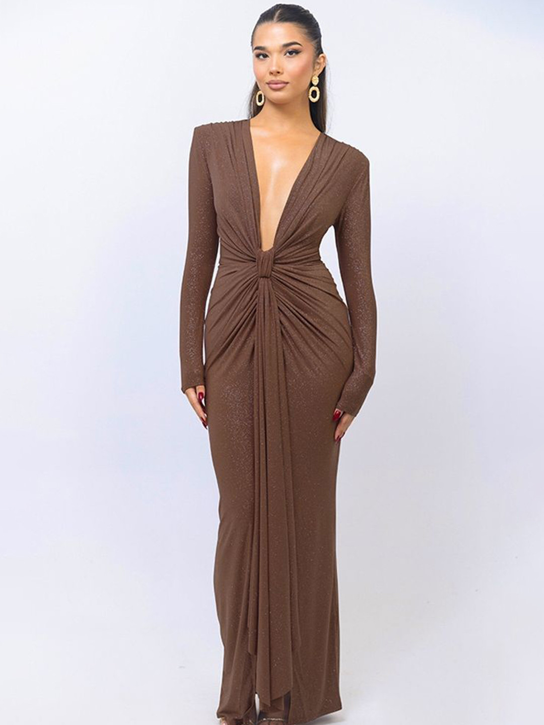 Khaki Solid Plunge Neck Long Sleeve Maxi Dress