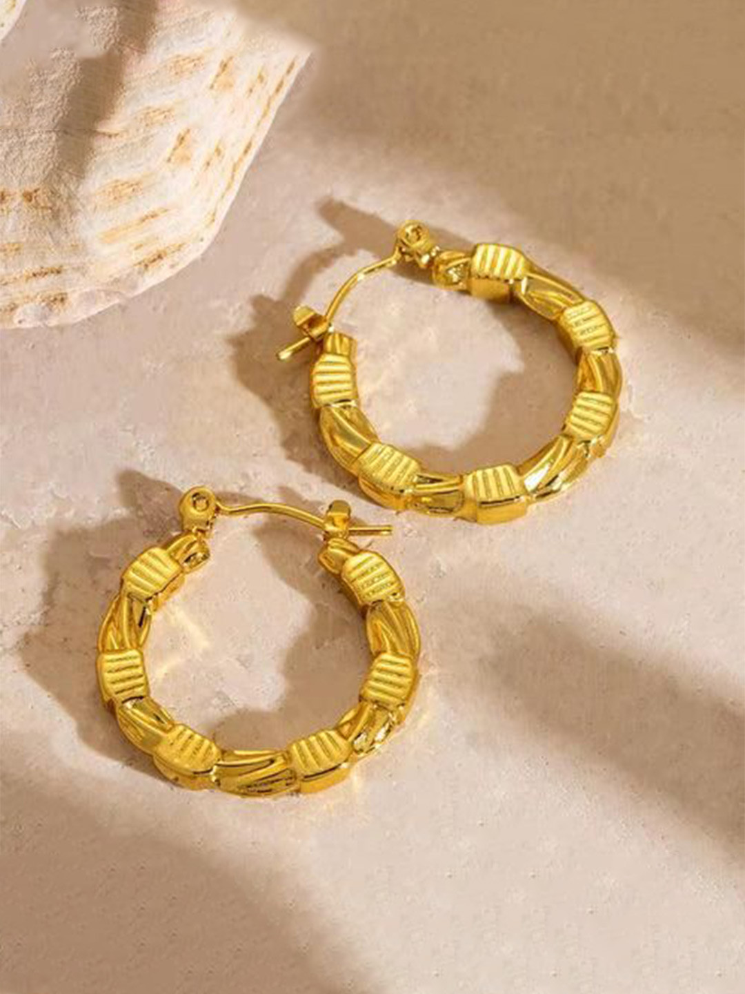 THEPANDASTOREE 18K Gold Plated Bamboo Carved Anti-Tarnish Hoop Earrings
