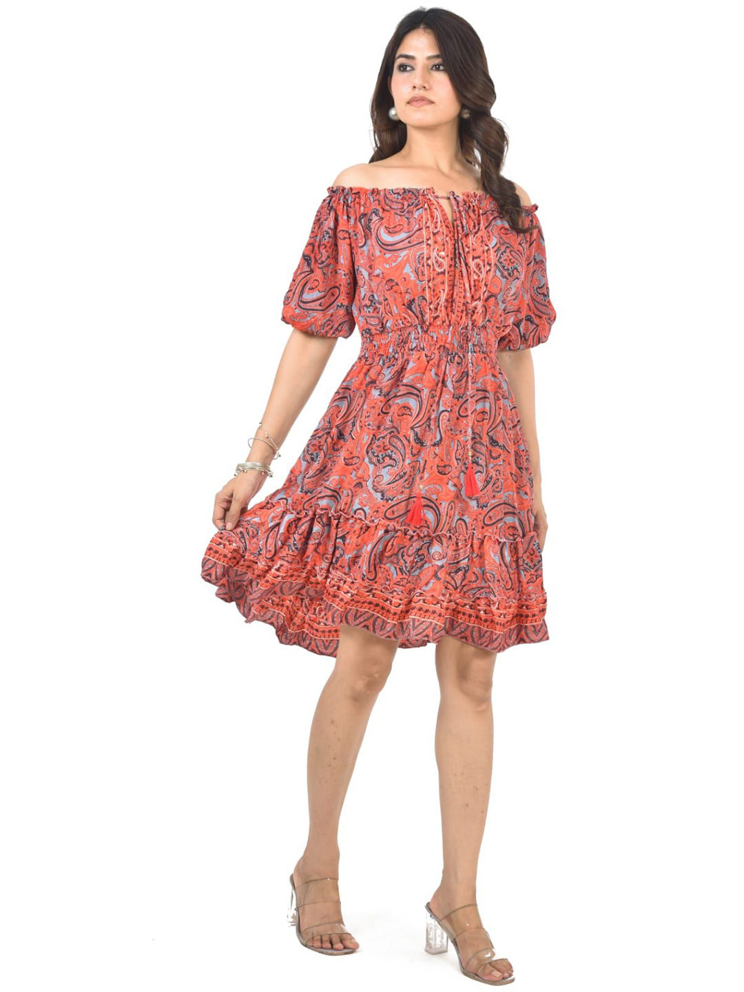 ADC SHEMONA Angelina Women Paisley Printed Off-Shoulder Puff Sleeve  Fit & Flare Dress