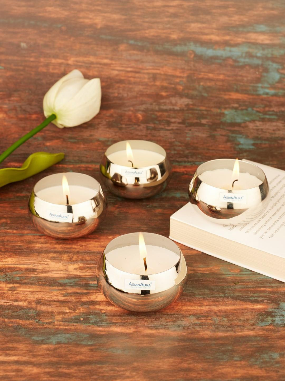 Asian Aura Metal Round 4Pcs Scented 1 Wick Bourbon vanilla Solid Regular Jar Candles