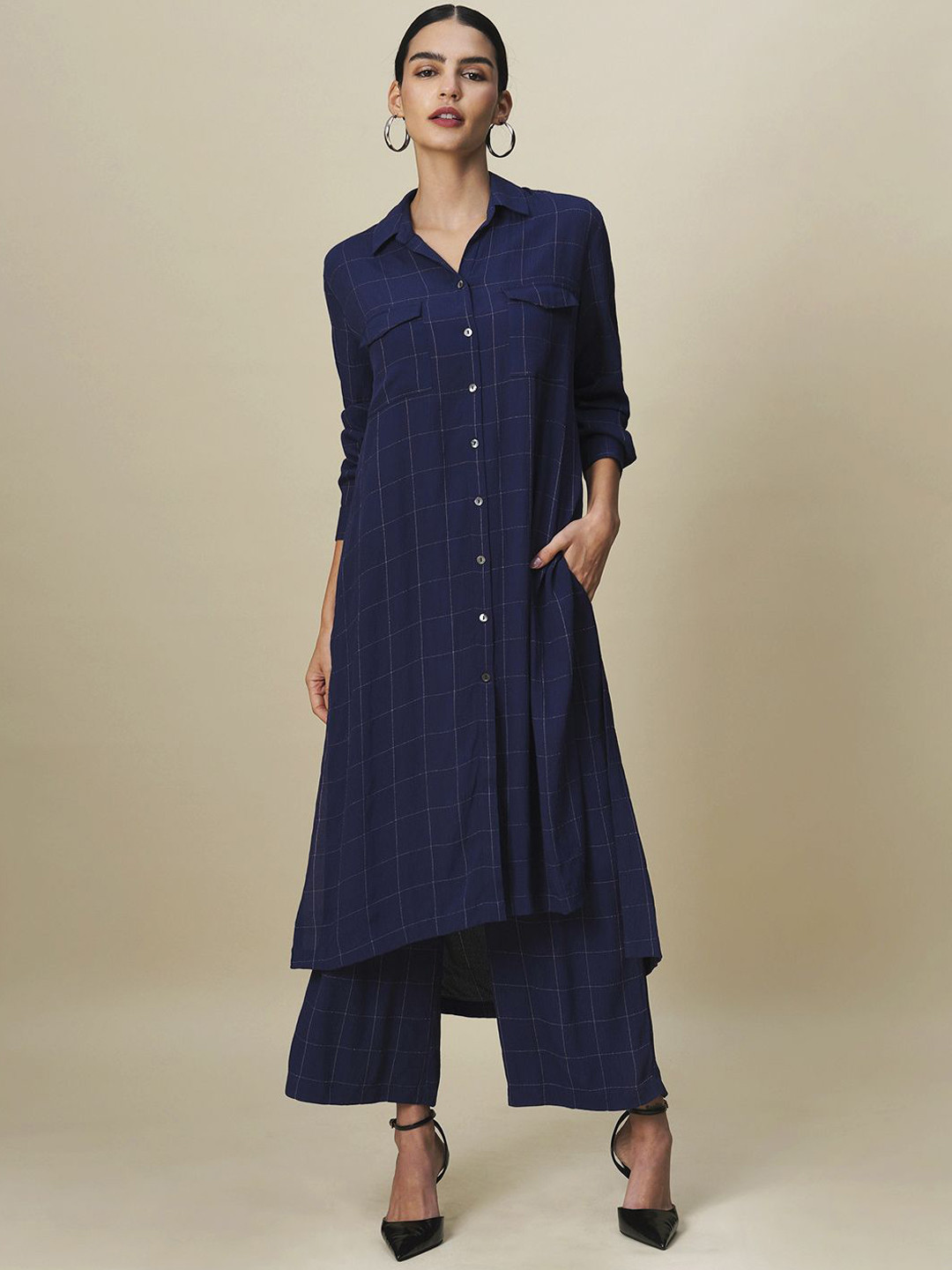 Chemistry Checked Long Shirt With Wide Leg Trousers Co-Ords