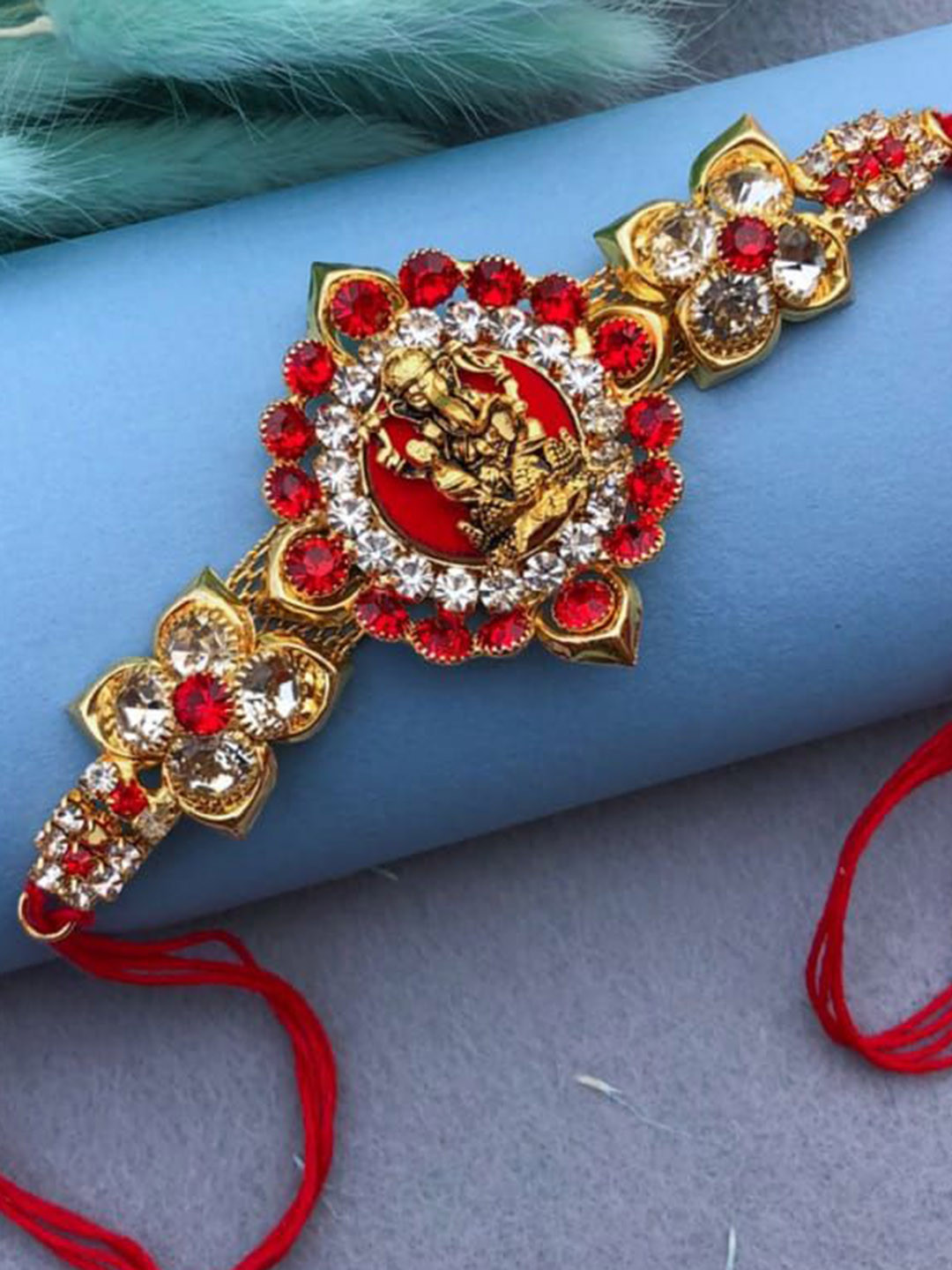 Nutts Stone Studded Ganesha Rakhi With Pooja Plate Roli Chawal & Rakhi Gifts Set