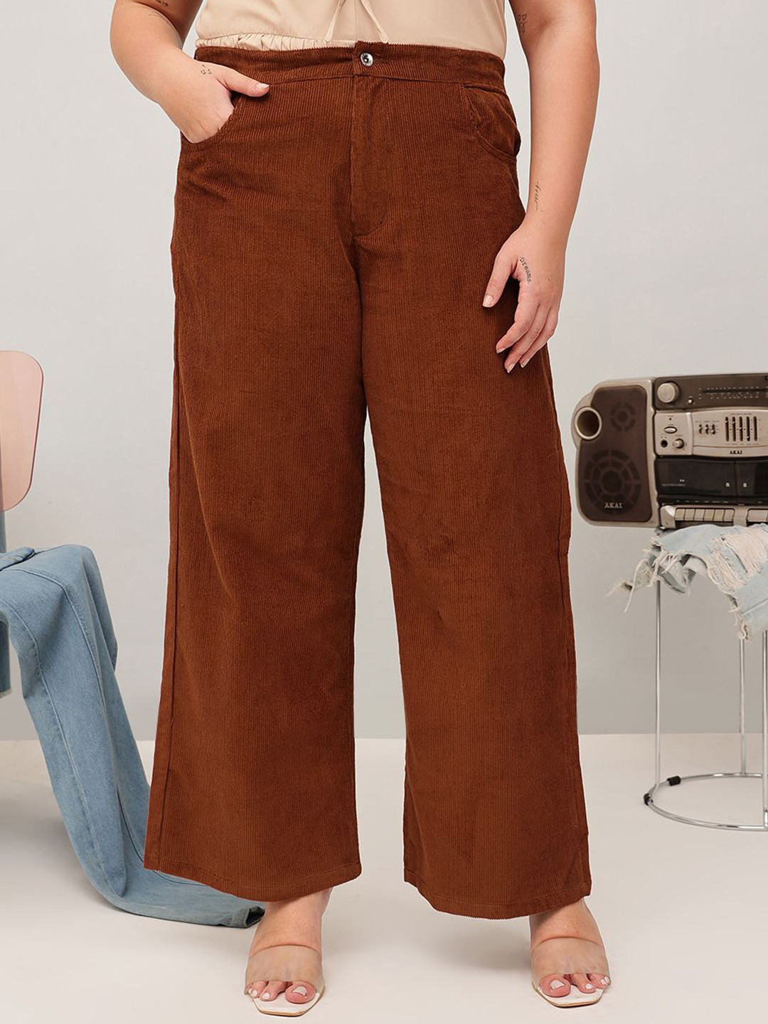 CURVY STREET Women Original Textured Wide Leg Corduroy Trousers