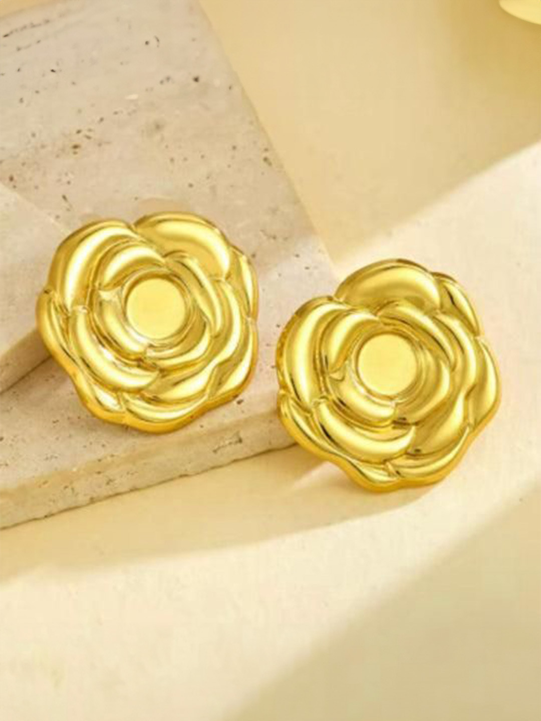 THEPANDASTOREE Floral Textured Gold Plated Stud Earrings