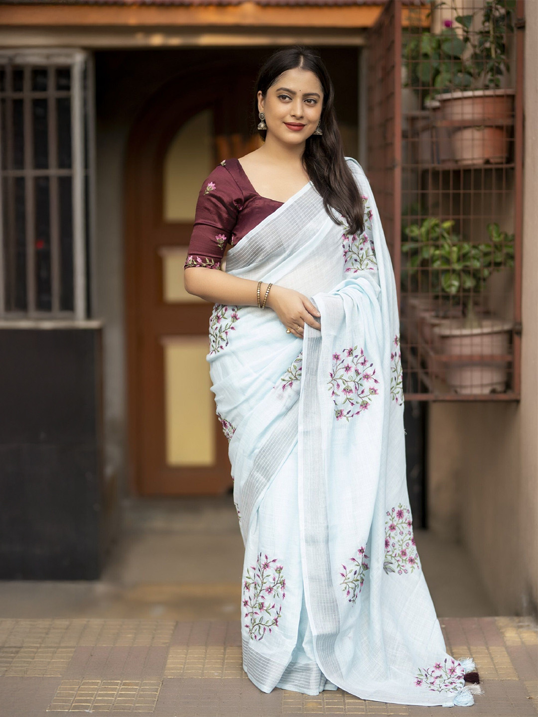 KALINI Floral Embroidered Zari Saree with Pattu Border & Blouse Piece