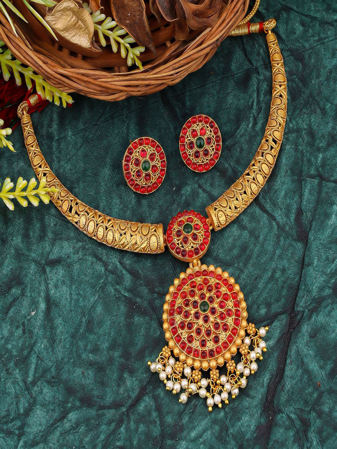 Talish Gold-Plated Stone-Studded & Beaded Jewellery Set
