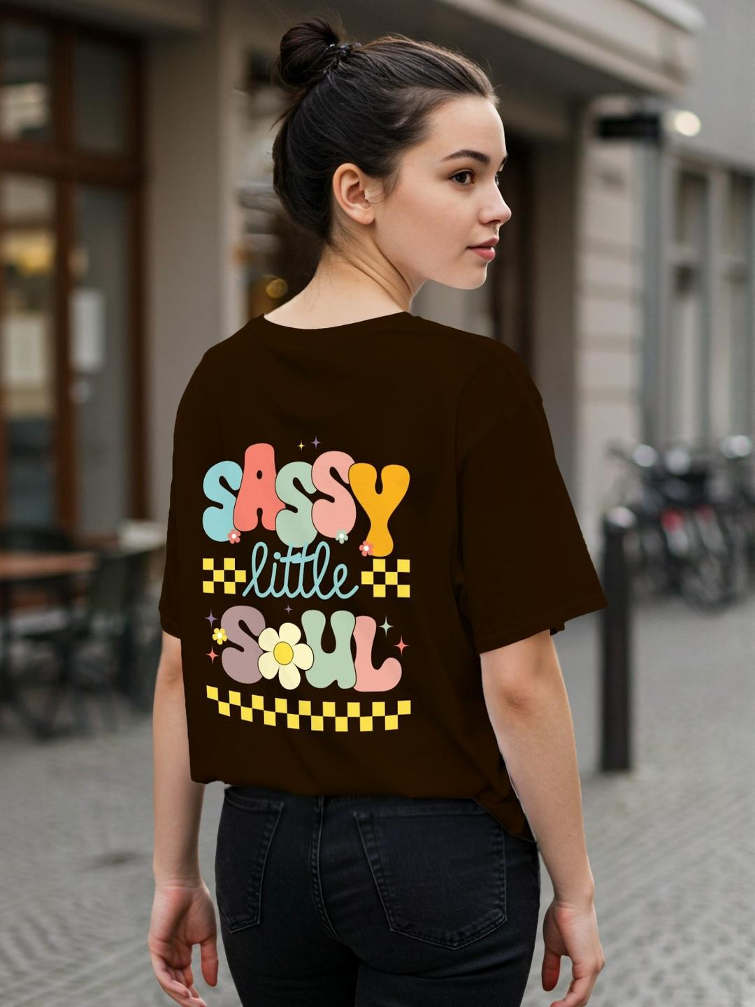 Dagcros Girls Brown Printed Little Soul Casual Round Neck Cotton Oversized T-Shirt