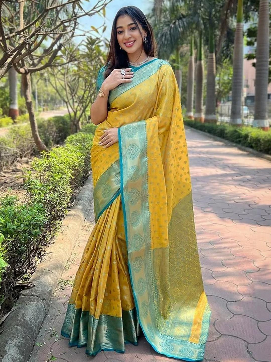 SHOPONBIT Women Yellow & Green Saree
