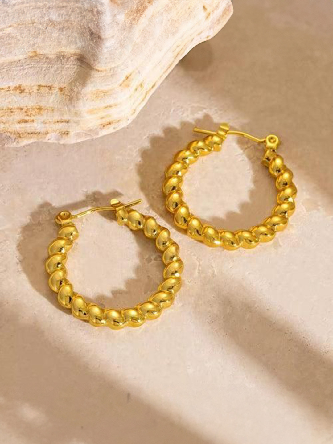 THEPANDASTOREE 18K Gold Plated Stainless Steel Twisted Rope Waterproof Hoop Earrings