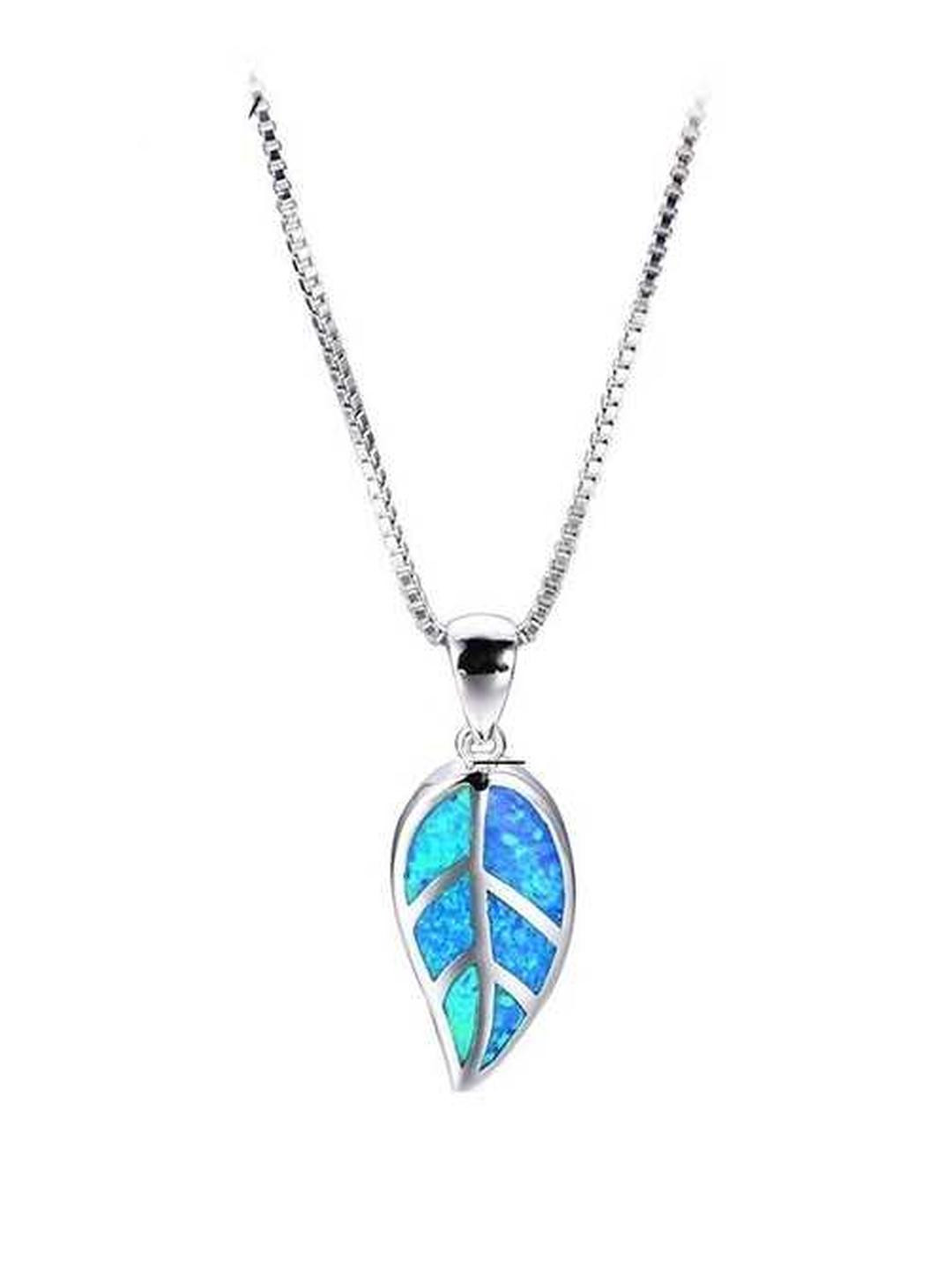 Women's Silver Plated Blue Opal Stone Studded Leaf Pendant Necklace