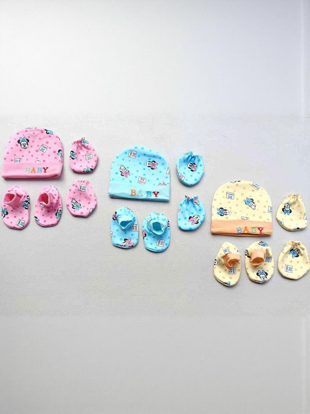 GARCY Kids Pink Blue & Orange 9 Pcs Printed Woolen Blend Caps & Socks With Pair Of Gloves