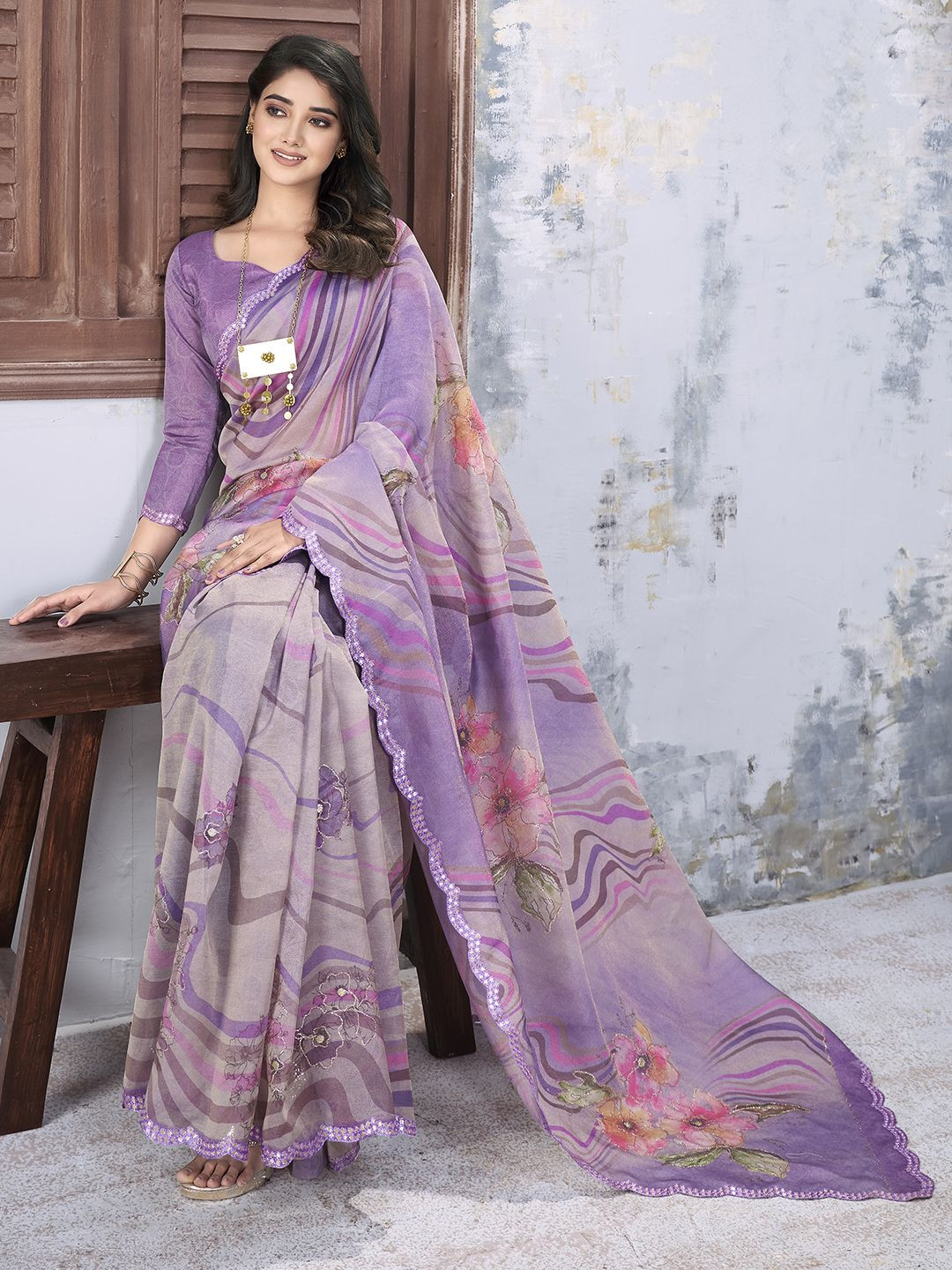 Ethnielle Floral Mirror Work Scalloped  Tissue Saree