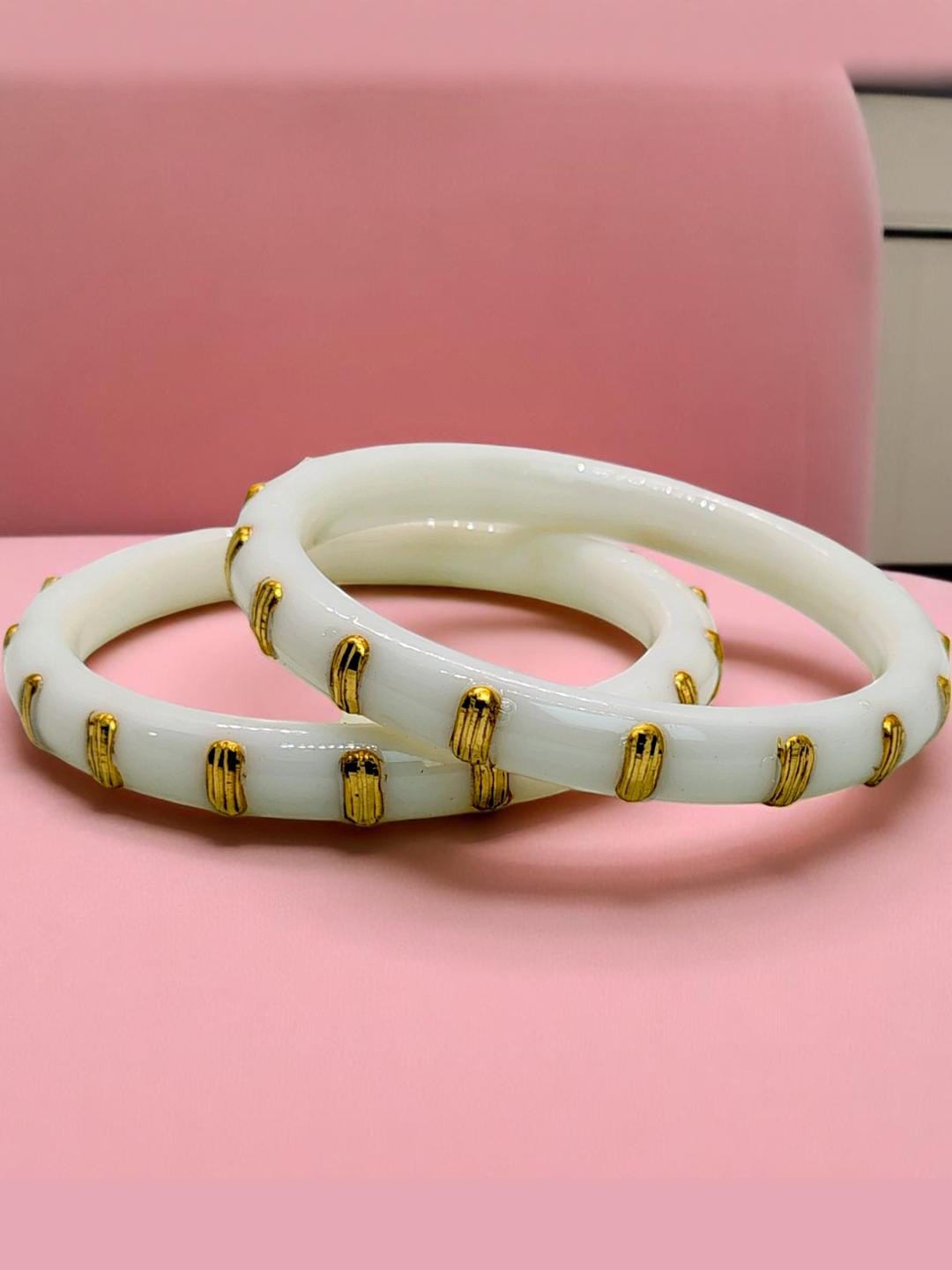 Tanvi J Women Pack Of 2 White Shakha Pola Bangles with Gold-Plated Accents