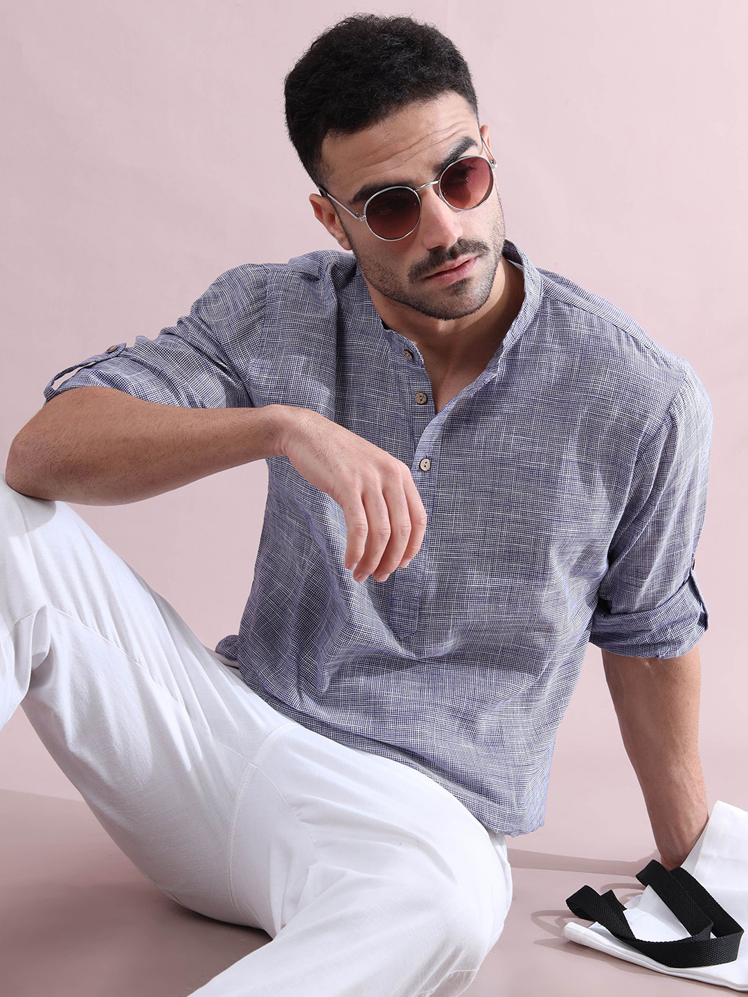 FILORI STUDIO Men Mandarin Collar Woven Design Roll-Up Sleeves Pure Cotton Kurta