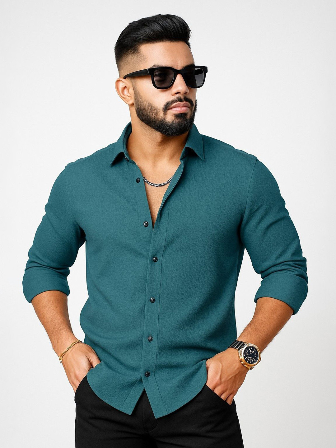 KHUSHI CREATION Textured Spread Collar Long Sleeves Crinkled Regular Fit Casual Shirt