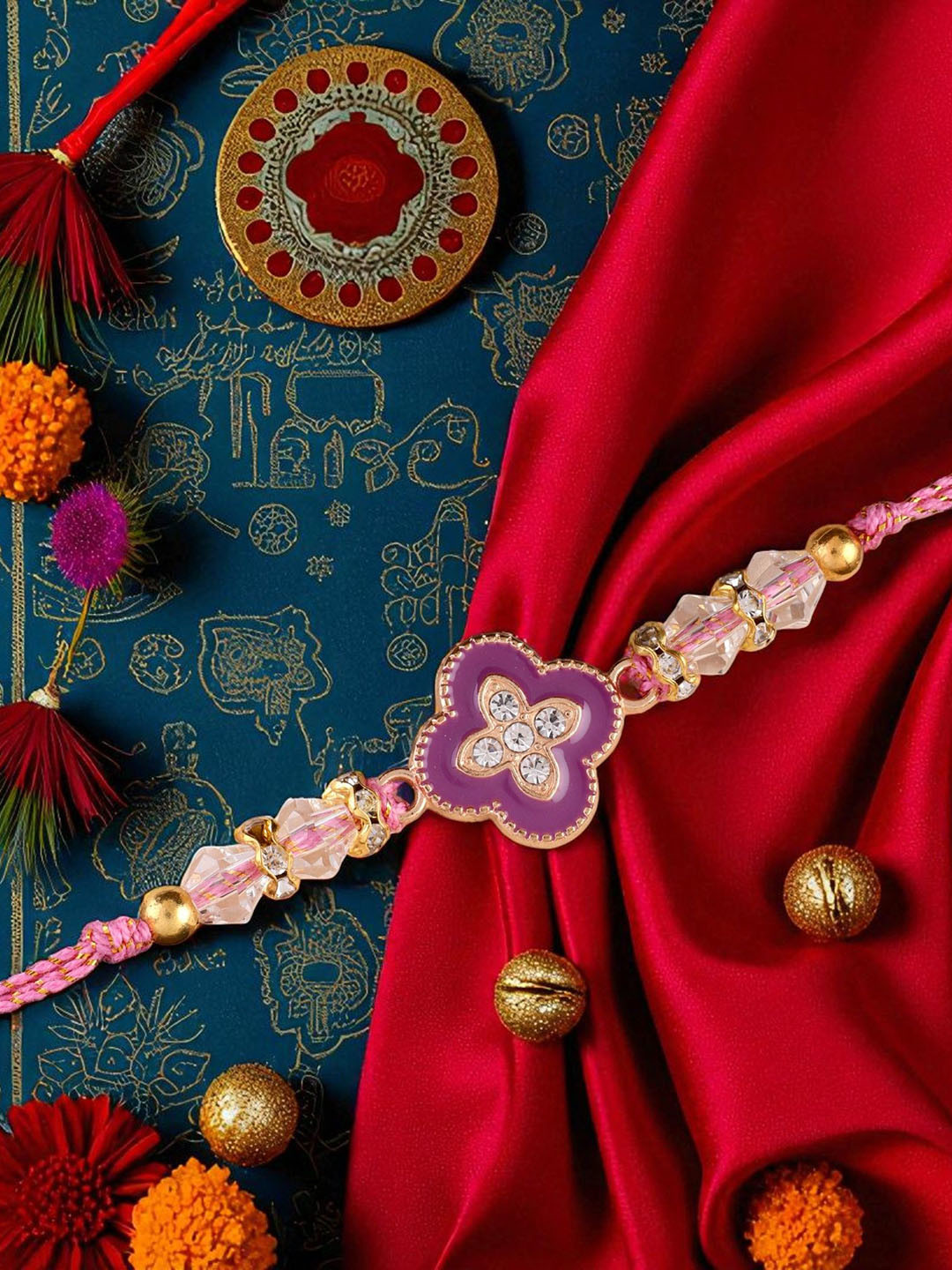 SHONA'S STYLE Artificial Stones Studded & Beaded Flower Thread Rakhi