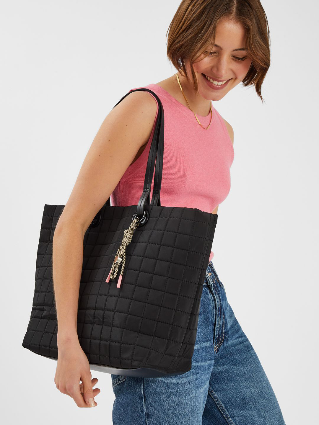 Accessorize London Women Nylon Quilt Tote Bag With Charm